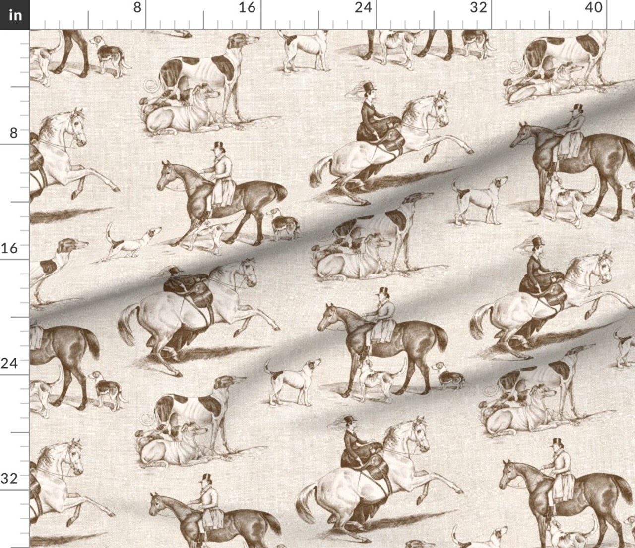 Traditional British Countryside Classic Sepia Horses Fox Hunt Equestrian Toile Vintage Horseback Riding Dogs Side Saddle Autumn Outdoor Sports Custom Printed Fabric by Spoonflower Various Fabrics by the Yard or Fat Quarter